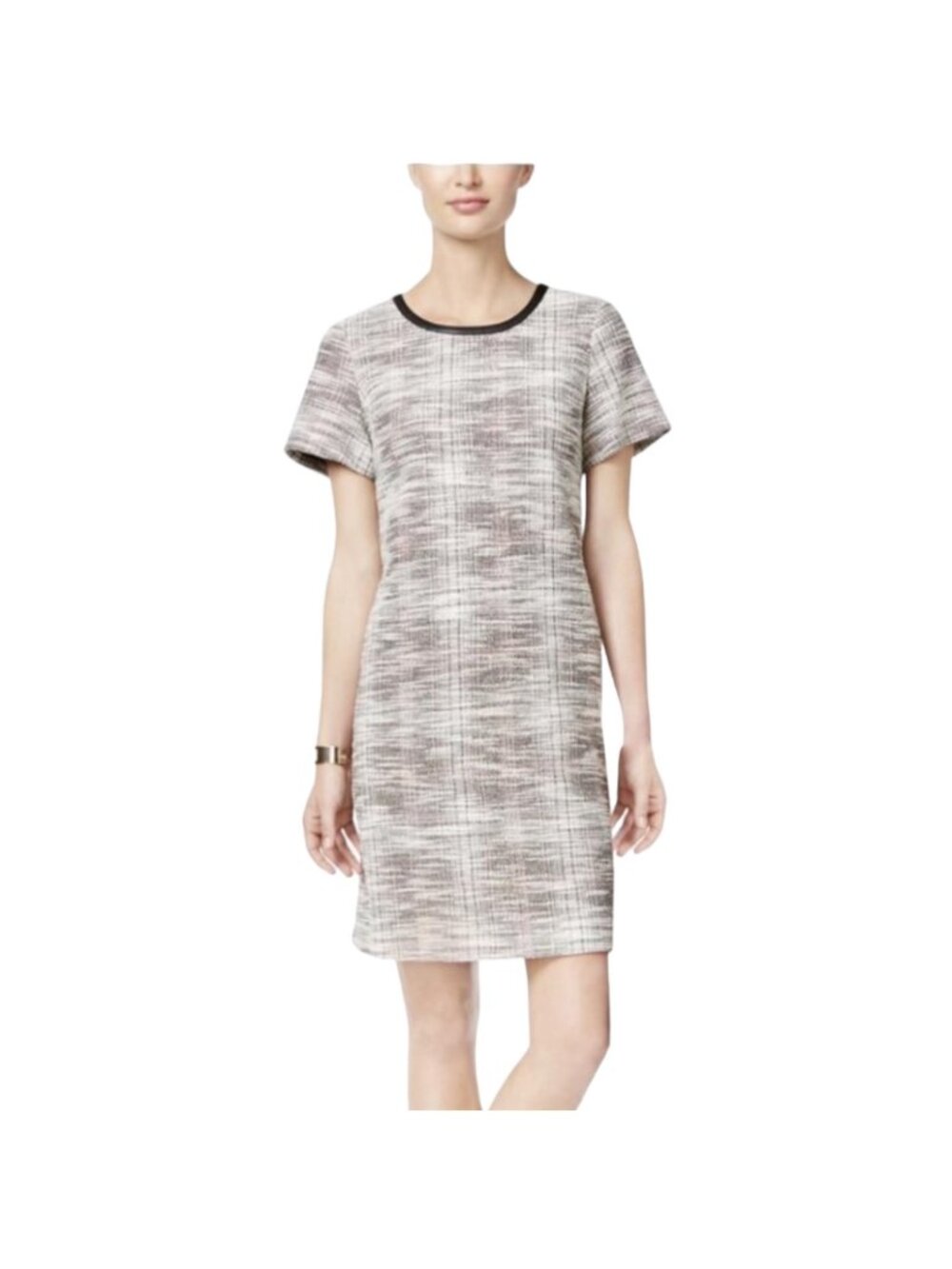 Tommy Hilfiger Women's Gray London Tweed Shift Dress, Faux Leather Neck Size 14